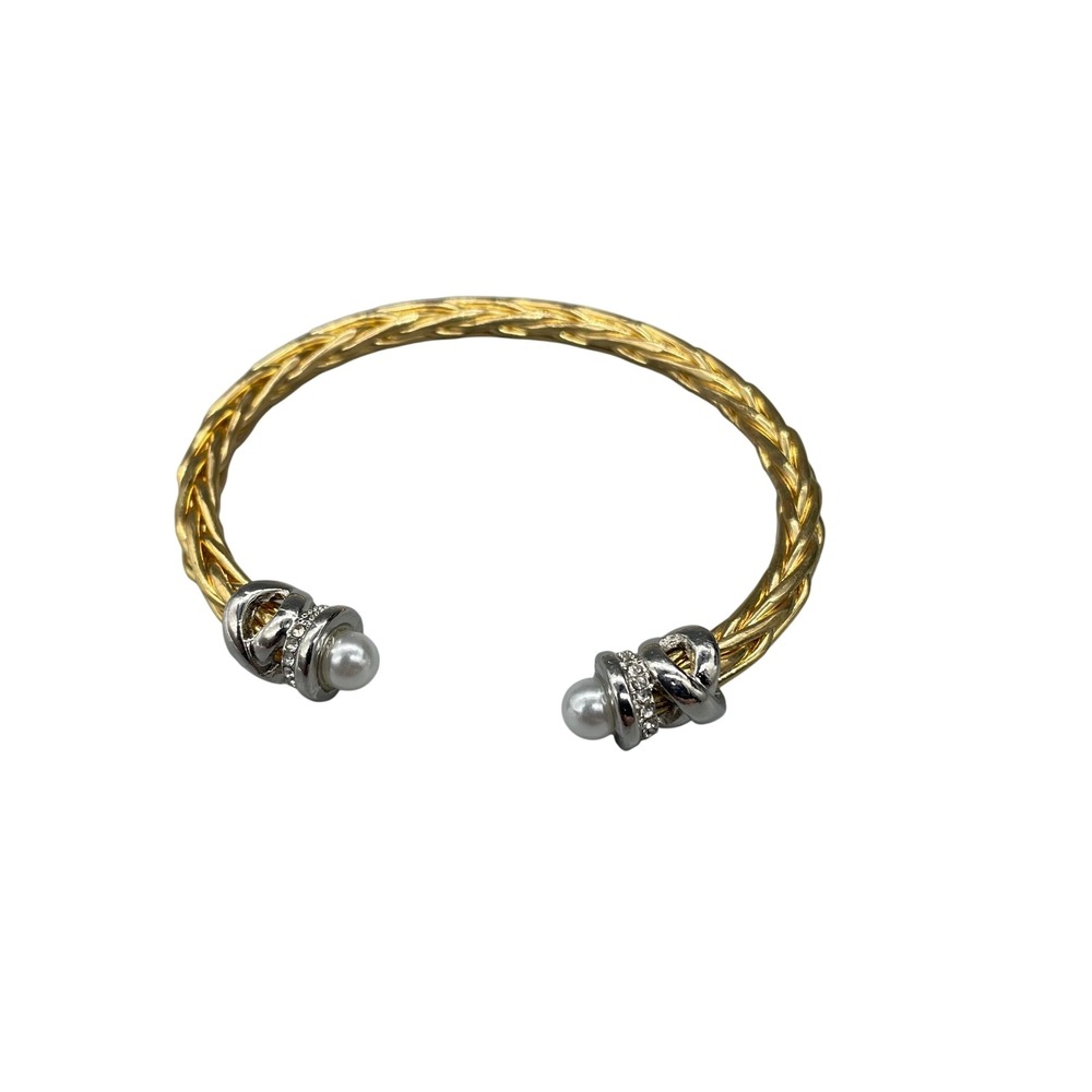 Two Tone Braided Gold tone Silver tone Cuff Bracelet Faux Pearl Crystal Accents
